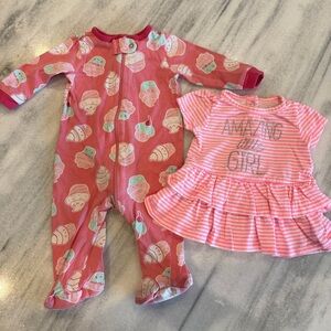 Baby Girl 0-3M Bundle Cupcake Zipper Footed Sleeper & Pink Stripe Ruffle Top